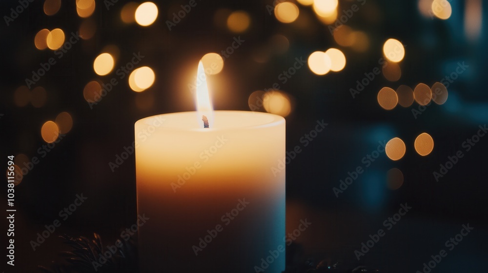 Brennende Kerze mit stimmungsvollen Lichtern im Hintergrund Brennende Kerze mit stimmungsvollen Lichtern im Hintergrund