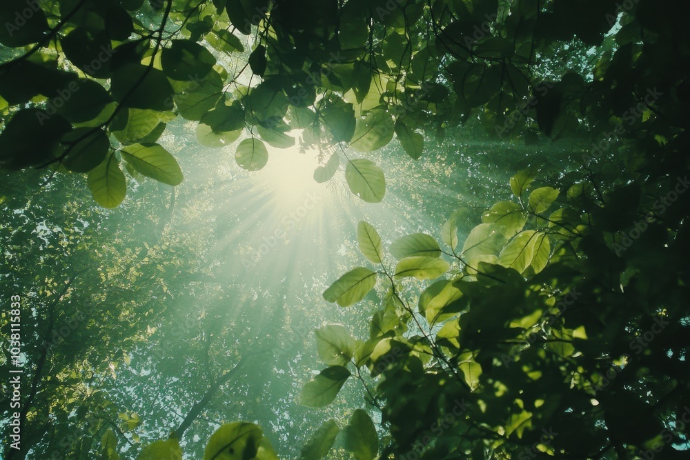 Fototapeta premium scene with sun rays of leafy forest scene