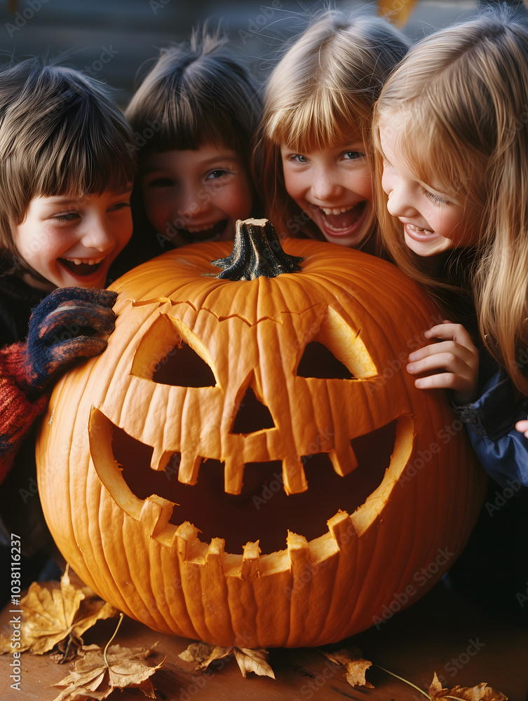 Excited Children Laughing Around a Carved Jack-o'-Lantern Pumpkin Excited Children Laughing Around a Carved Jack-o'-Lantern Pumpkin