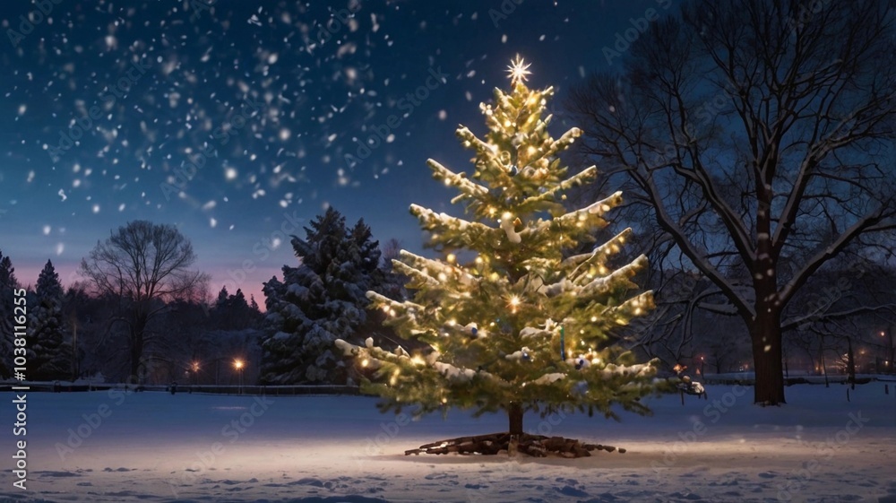 Snowy Christmas Tree in Twilight Snowy Christmas Tree in Twilight