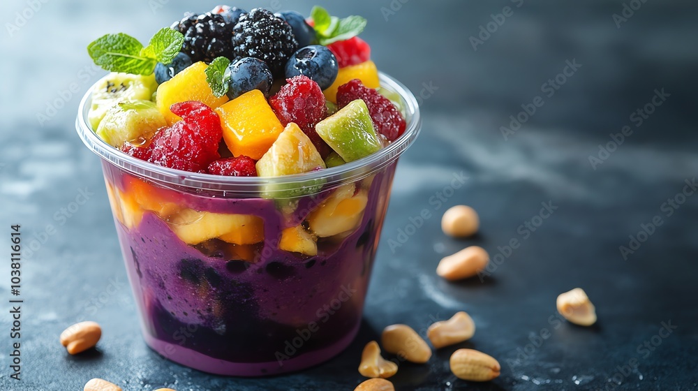 Açaà bowl topped with fresh fruit, nuts, and a sprig of mint in a clear plastic cup. Açaà bowl topped with fresh fruit, nuts, and a sprig of mint in a clear plastic cup.