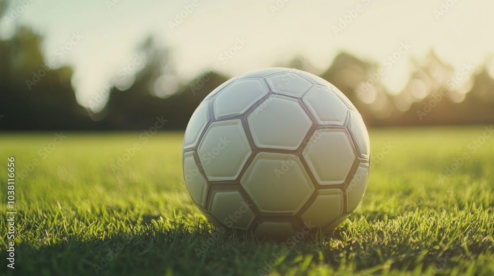 Fototapeta premium A soccer ball with focus on the pentagon pattern, outdoor setting under soft morning light, Minimalist style