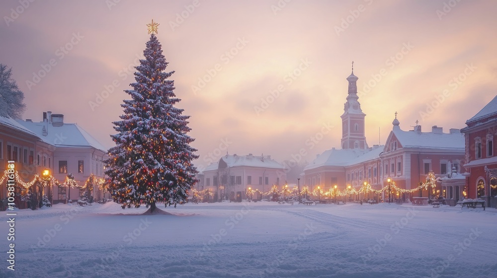 Obraz premium A snowy town square features a towering Christmas tree surrounded by festive decorations and a peaceful ambiance, providing room for skyward text.