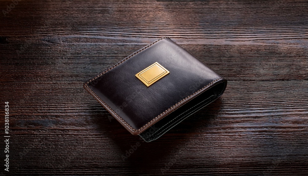 Brown leather wallet with embossed gold plate on wooden background. Brown leather wallet with embossed gold plate on wooden background.