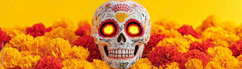Colorful skull surrounded by marigold flowers on bright yellow background.