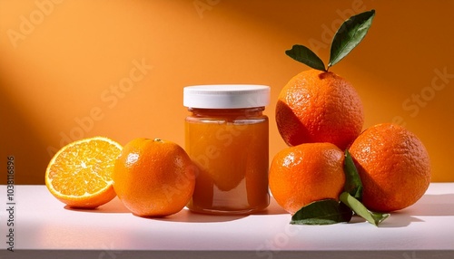 Fresh oranges with jar of orange jam on a vibrant orange background. photo