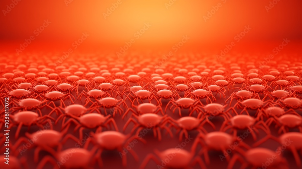 Obraz premium A multitude of red ants clustering on a vivid red background.
