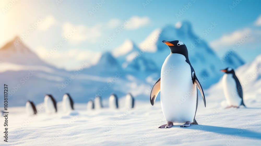 Fototapeta premium A penguin standing on snow with mountains in the background, sunny winter scene.