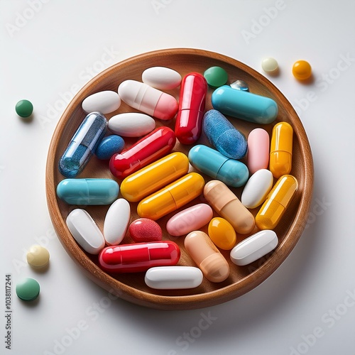 Colorful assortment of various capsules and tablets in a wooden bowl. photo