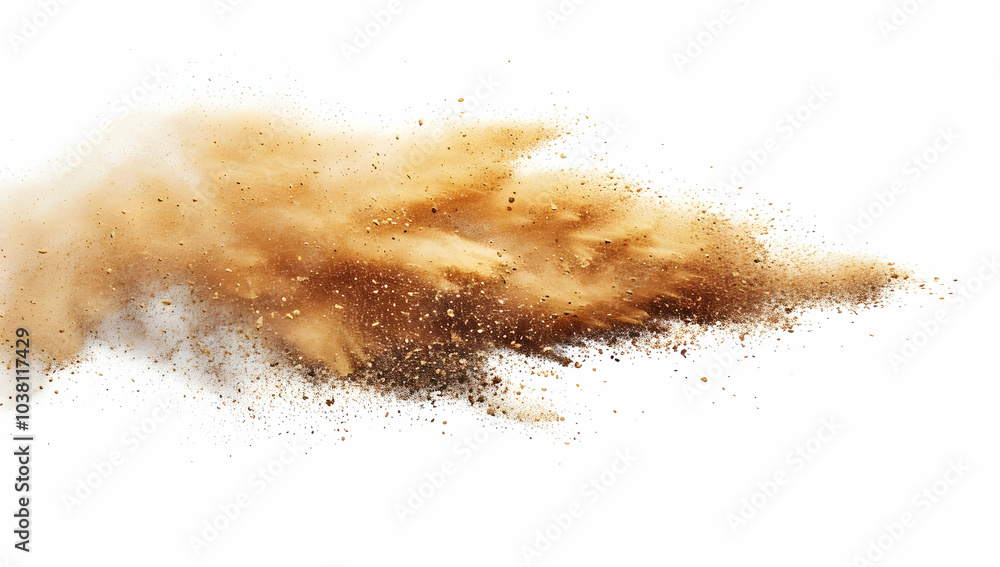 An isolated explosion of flying sand particles on a white background, with a golden-brown color and a flat design aesthetic An isolated explosion of flying sand particles on a white background, with a golden-brown color and a flat design aesthetic