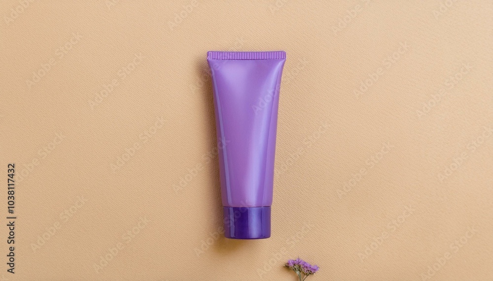 Purple cosmetic tube on a beige background with lavender accents. Purple cosmetic tube on a beige background with lavender accents.
