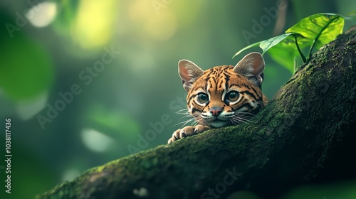 A playful wildcat resting on a mossy branch, surrounded by lush greenery. photo