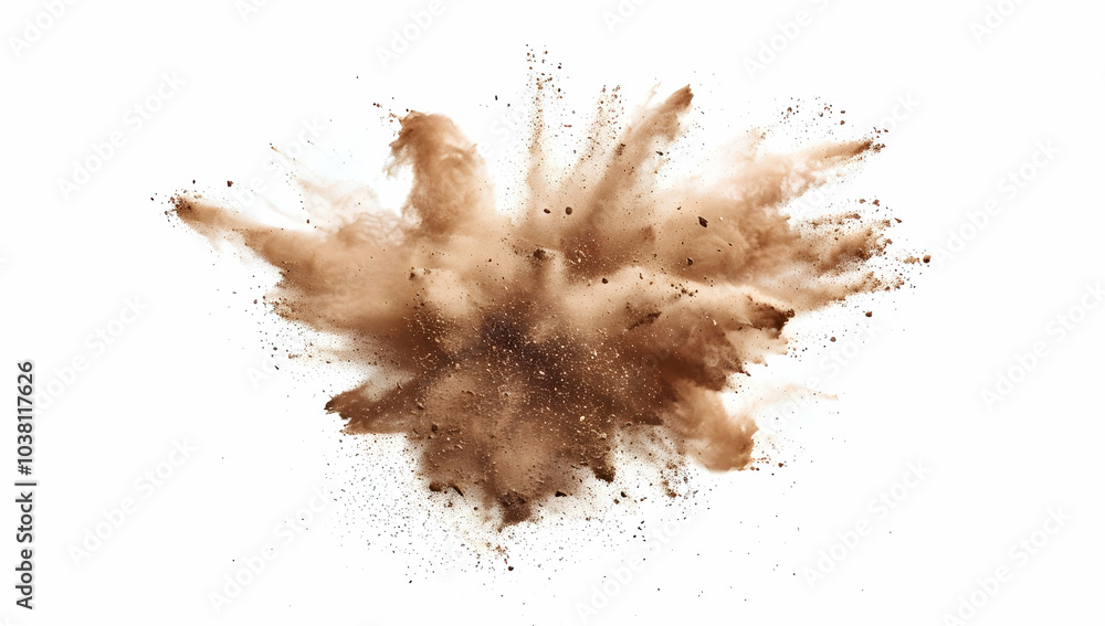 Craft an isolated, dusty brown powder explosion on a white background Craft an isolated, dusty brown powder explosion on a white background