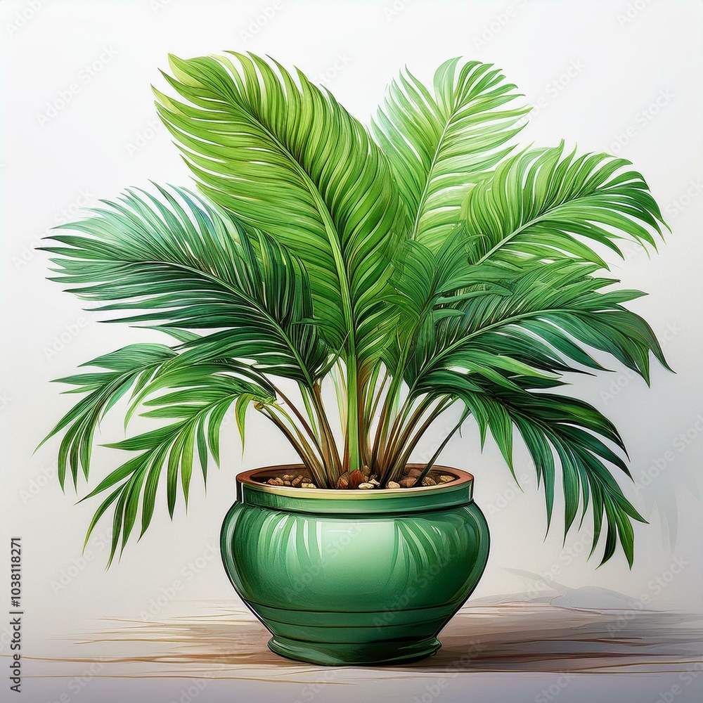 Lush green potted plant with large leaves on a white isolated background. Lush green potted plant with large leaves on a white isolated background.