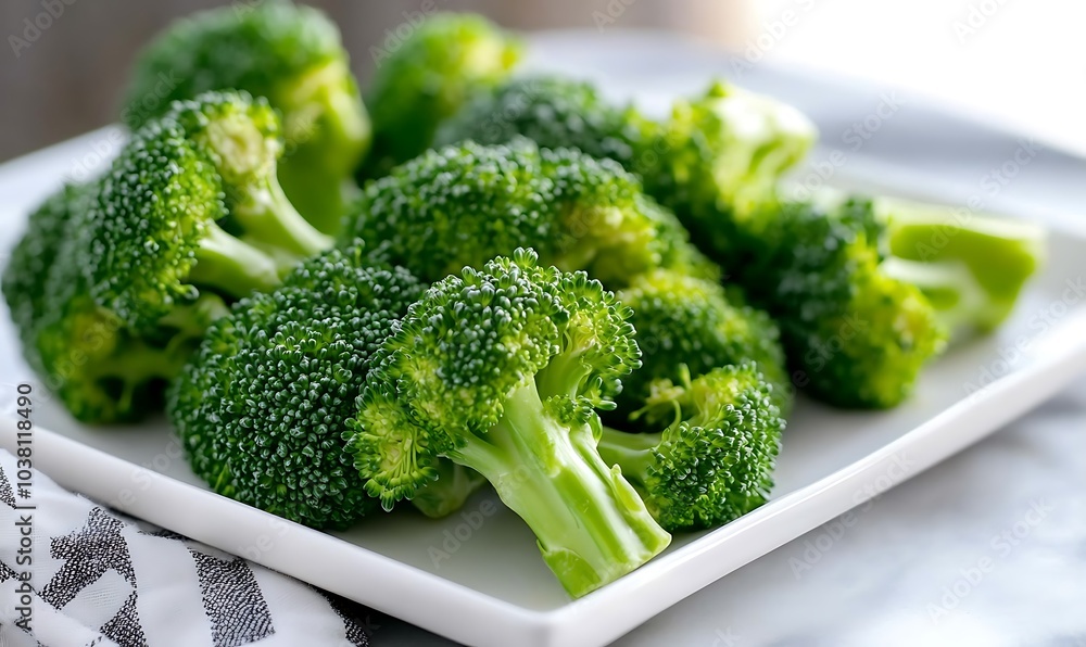 Fresh broccoli florets arranged neatly on a white plate, Generative AI Fresh broccoli florets arranged neatly on a white plate, Generative AI