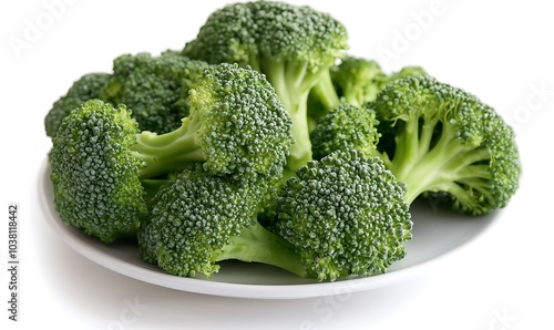 Fresh broccoli florets arranged neatly on a white plate, Generative AI