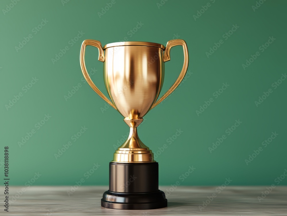 Golden trophy on a table against a green background. Golden trophy on a table against a green background.
