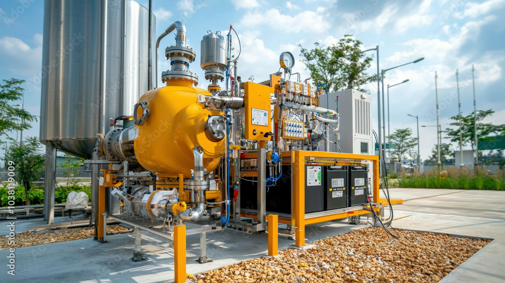 A yellow industrial machine with pipes and tanks is set outdoors, surrounded by gravel, under a partly cloudy sky. A yellow industrial machine with pipes and tanks is set outdoors, surrounded by gravel, under a partly cloudy sky.