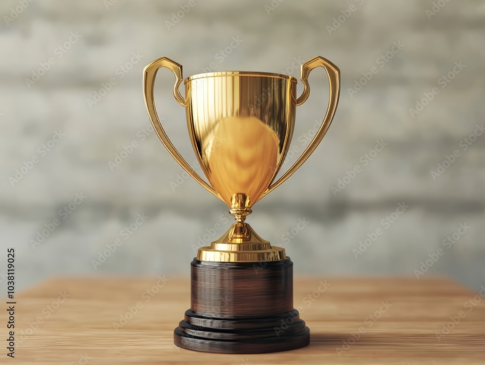 Golden trophy on wooden table, white isolated background Golden trophy on wooden table, white isolated background