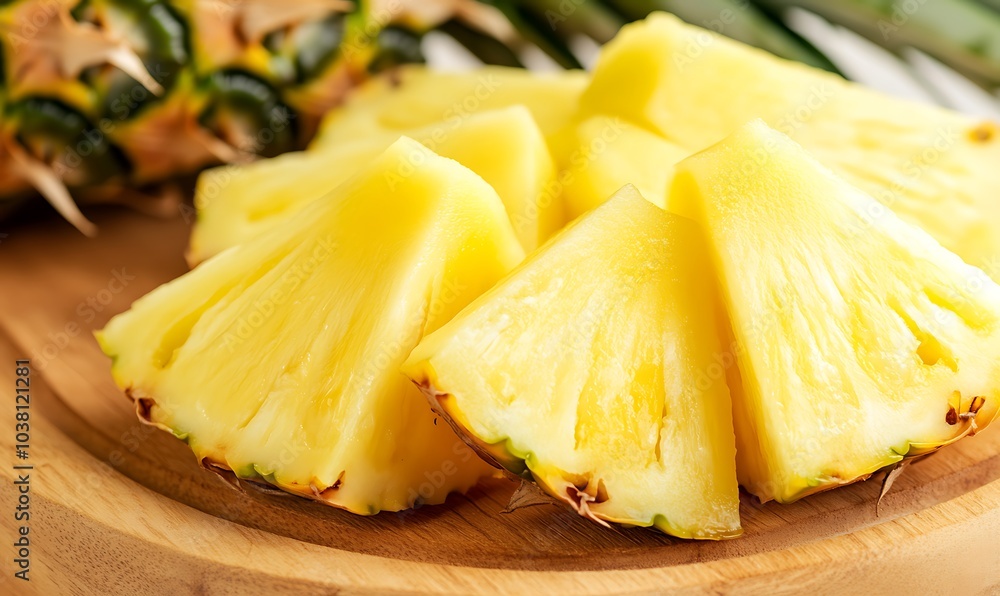 Fresh pineapple slices on a wooden board, Generative AI Fresh pineapple slices on a wooden board, Generative AI