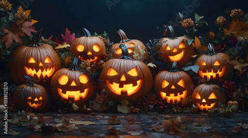 A Group of Carved Pumpkins with Glowing Faces, Perfectly Arranged for a Spooky Halloween Display. Capturing the Essence of the Season with Their Charming and Eerie Expressions, Ideal for Festive Decor