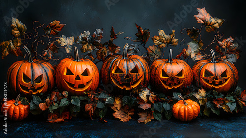 A Group of Carved Pumpkins with Glowing Faces, Perfectly Arranged for a Spooky Halloween Display. Capturing the Essence of the Season with Their Charming and Eerie Expressions, Ideal for Festive Decor