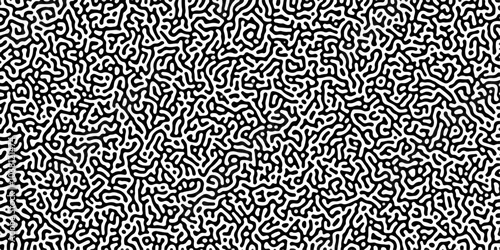 Turing reaction diffusion monochrome seamless pattern with chaotic motion .Linear design with biological shapes. Organic lines in memphis. abstract turing organic wallpaper background .	
