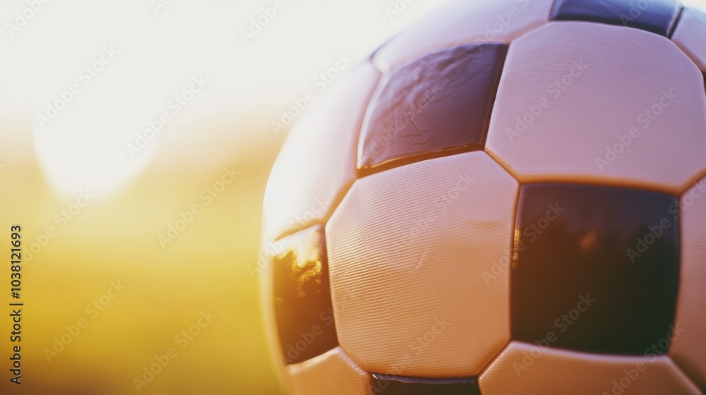 Fototapeta premium A soccer ball's inflation valve, outdoor setting with soft evening light, Minimalist style