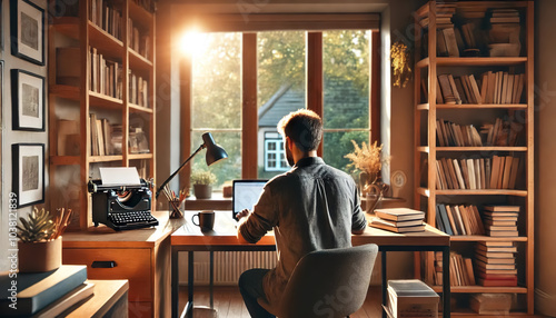 Handsome focused man working using laptop. Businessman freelancer, executive manager or employee making report, searching.