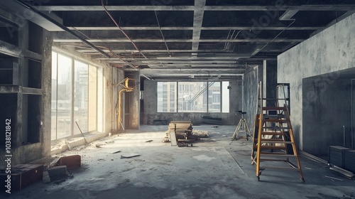 Empty room under construction with windows and a ladder.