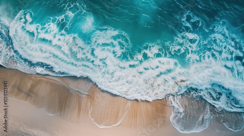 Aerial view of a sandy beach and azure water, white sand, dark blue sky, exotic vacation, soothing, relaxing.