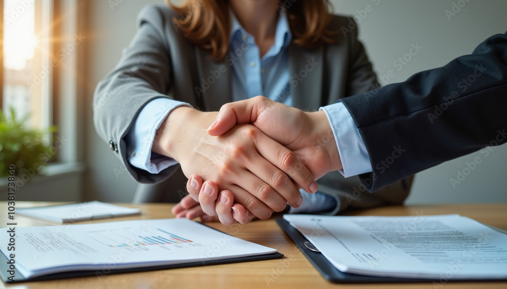Business handshake between professionals sealing a deal, Job applicant interview Business handshake between professionals sealing a deal, Job applicant interview