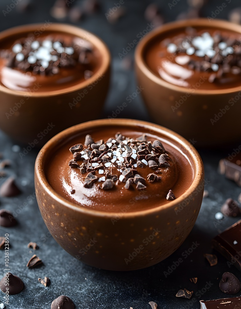 Three chocolate desserts topped with chocolate chips and sea salt in rustic bowls. Three chocolate desserts topped with chocolate chips and sea salt in rustic bowls.