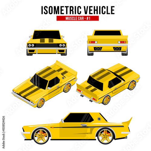 Isometric design vehicle of a yellow muscle car with aero bodykit and sporty rims