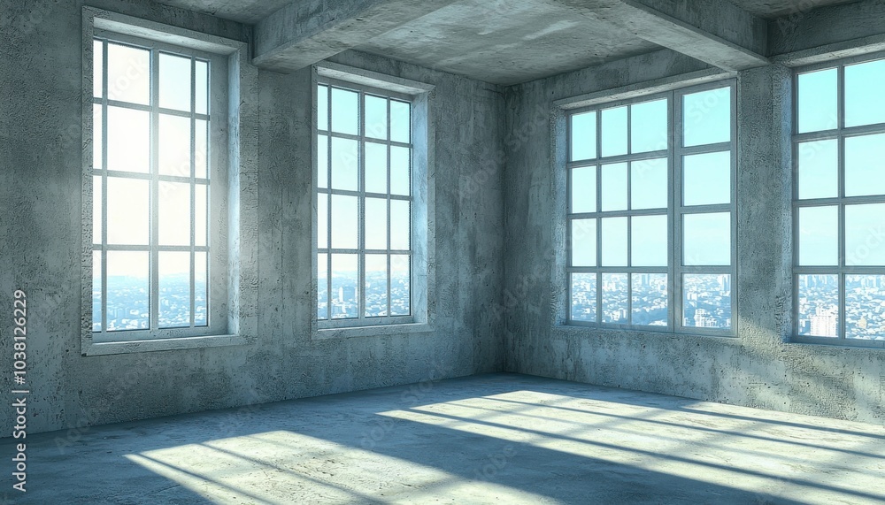 A spacious, minimalist room with large windows showcasing a city view, filled with natural light. A spacious, minimalist room with large windows showcasing a city view, filled with natural light.