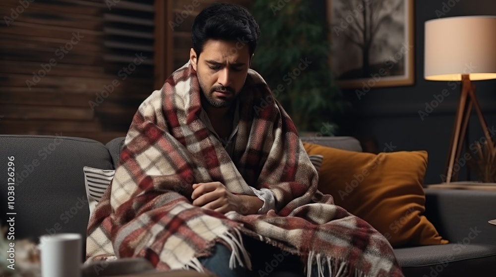 Fototapeta premium A young man sick with fever and flu sits on the living room sofa covered in a blanket.