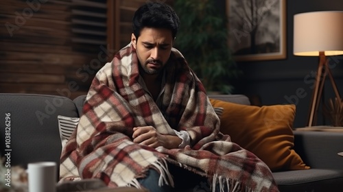 A young man sick with fever and flu sits on the living room sofa covered in a blanket.