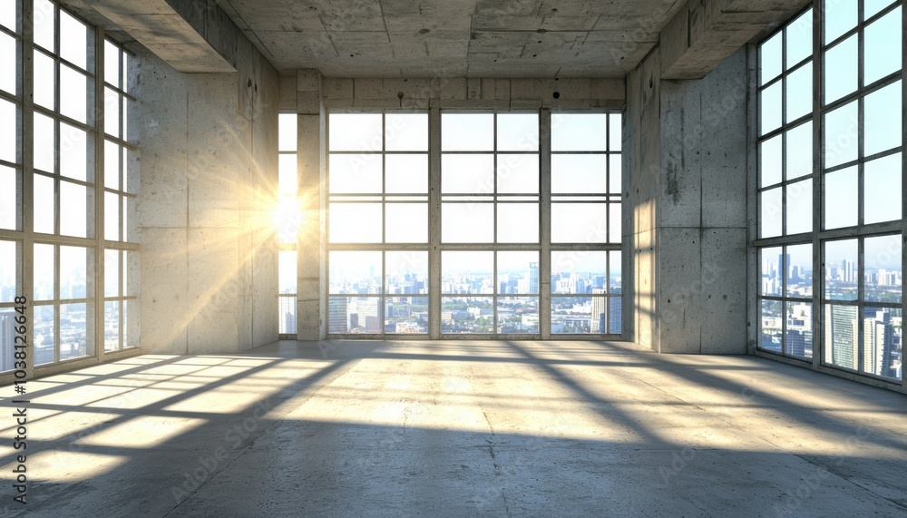 A spacious, empty room with large windows allowing sunlight to stream in, showcasing a city skyline. A spacious, empty room with large windows allowing sunlight to stream in, showcasing a city skyline.