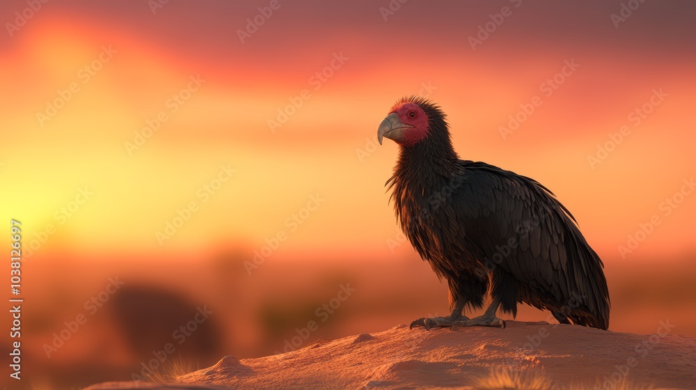 Fototapeta premium Bird perched on a rock during a stunning sunset, vibrant colors in the background.