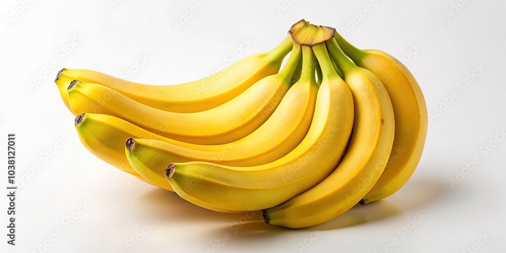 An isolated bunch of fresh yellow bananas on a white background showcases healthy eating and natural food, embodying a minimalist, clean aesthetic in culinary art. An isolated bunch of fresh yellow bananas on a white background showcases healthy eating and natural food, embodying a minimalist, clean aesthetic in culinary art.