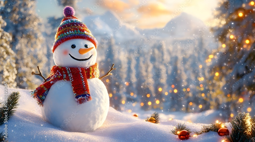 Obraz premium A Smiling Snowman Wearing a Colorful Hat and Scarf in a Snowy Winter Landscape