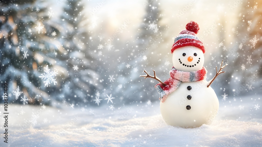 A Snowman Standing in a Winter Wonderland with Falling Snowflakes A Snowman Standing in a Winter Wonderland with Falling Snowflakes