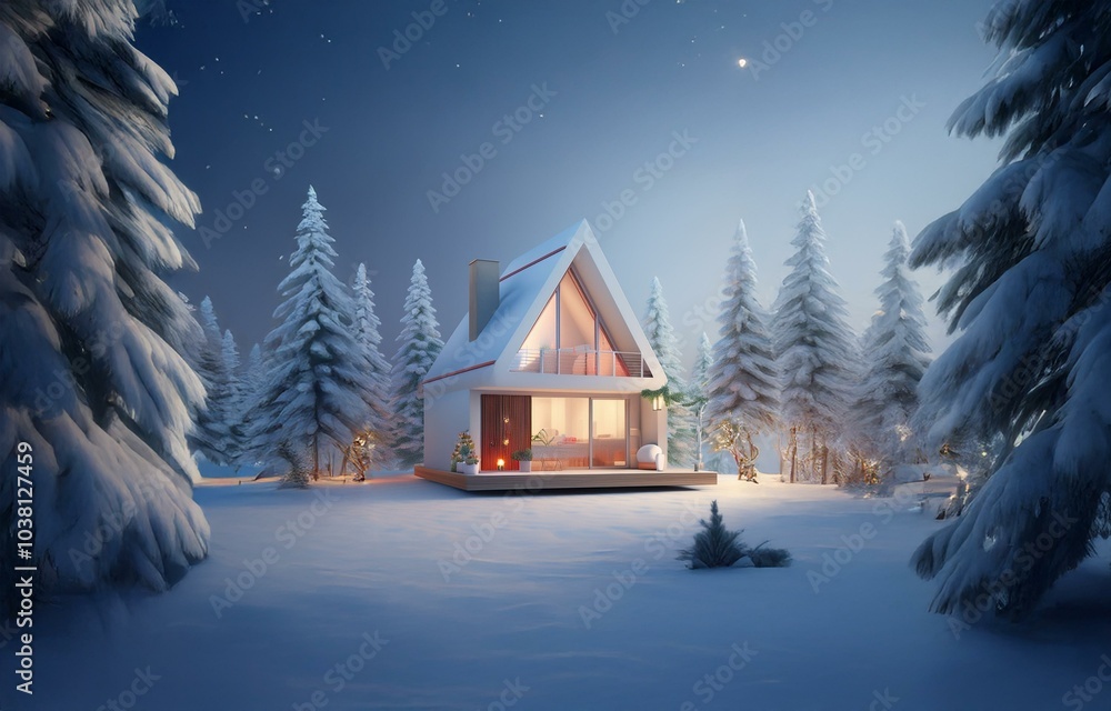 Fototapeta premium A modern cabin with a triangular roof nestled in a snowy forest lit by warm light.