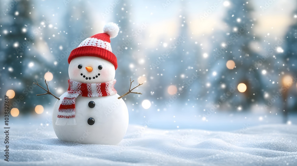 Cheerful Snowman in a Red Hat and Scarf Standing in a Snowy Landscape Cheerful Snowman in a Red Hat and Scarf Standing in a Snowy Landscape