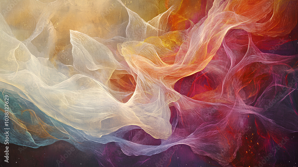 Fototapeta premium Abstract artwork with flowing veils in vibrant colors and ethereal textures.
