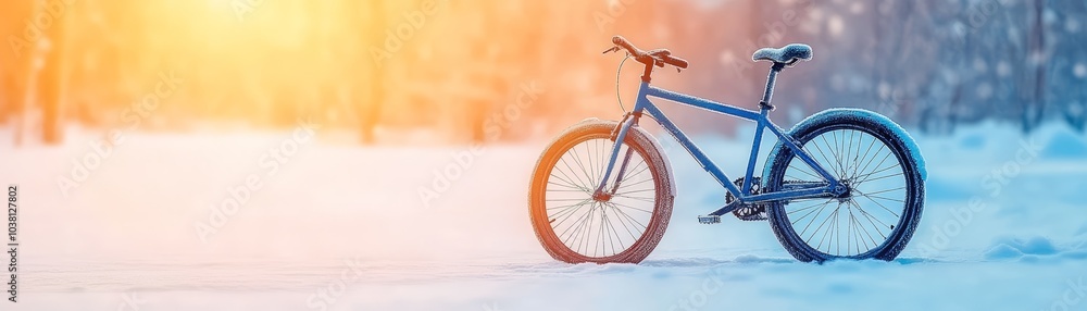 Fototapeta premium Blue bike parked in the snow, illuminated by a soft winter sun.