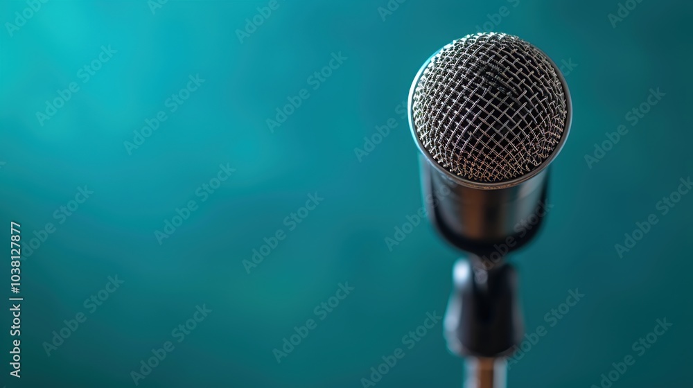 Close-up a microphone isolated on blue background with copy space Close-up a microphone isolated on blue background with copy space