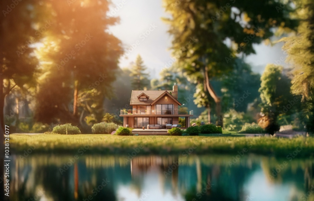 Fototapeta premium A modern wooden house with a large deck sits in a clearing in a forest, with a lake in the foreground and the sun shining through the trees.