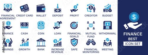 Finance best solid icon set collection. Financial agreement, credit card, wallet, deposit, profit, loan, withdrawal, bank and vector illustration.