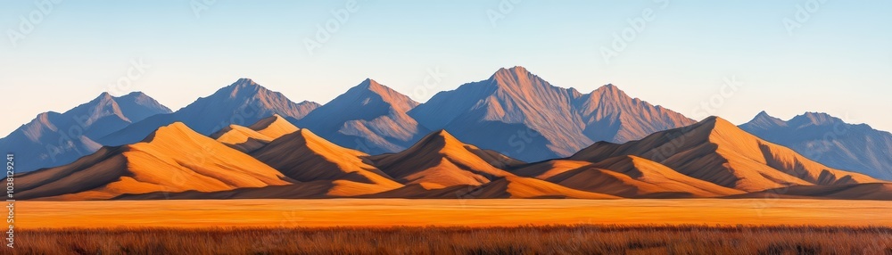Obraz premium Breathtaking mountain range under clear sky and golden light.